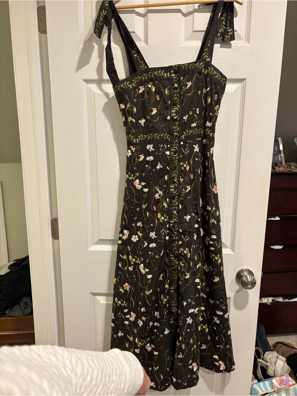 H&M Black Floral Midi Dress with Green Leaf Trim
